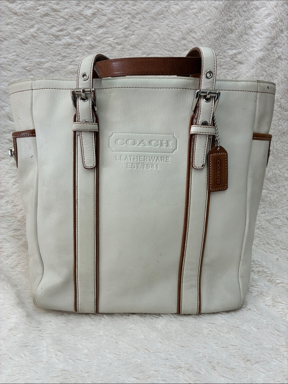 Coach Legacy White Leather Tote with Brown Trim - Coach Leatherware